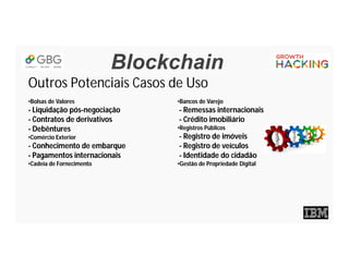Blockchain
Outros Potenciais Casos de Uso
•Bolsas de Valores
- Liquidação pós-negociação
- Contratos de derivativos
- Debêntures
•Comércio Exterior
- Conhecimento de embarque
- Pagamentos internacionais
•Cadeia de Fornecimento
•Bancos de Varejo
- Remessas internacionais
- Crédito imobiliário
•Registros Públicos
- Registro de imóveis
- Registro de veículos
- Identidade do cidadão
•Gestão de Propriedade Digital
 