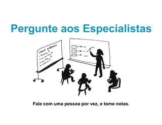 Pergunte aos Especialistas
Fale com uma pessoa por vez, e tome notas.
 
