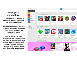 Visão geral
competitiva
O que outros produtos e
serviços podem inspirar o
trabalho da equipe?
Uma breve revisão de 3-10
projetos similares pode ser
uma ótima maneira de
começar o Sprint.
Por exemplo, se uma
equipe estiver trabalhando
em uma experiência de loja
online, eles podem querer
visitar os sites, como o
Google Play e listar o que
eles gostam e não gostam.
 