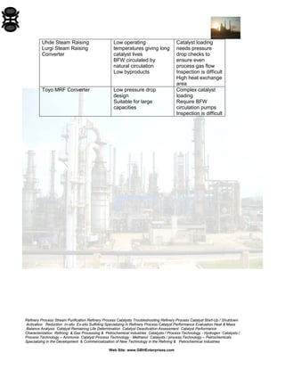 Refinery Process Stream Purification Refinery Process Catalysts Troubleshooting Refinery Process Catalyst Start-Up / Shutdown
Activation Reduction In-situ Ex-situ Sulfiding Specializing in Refinery Process Catalyst Performance Evaluation Heat & Mass
Balance Analysis Catalyst Remaining Life Determination Catalyst Deactivation Assessment Catalyst Performance
Characterization Refining & Gas Processing & Petrochemical Industries Catalysts / Process Technology - Hydrogen Catalysts /
Process Technology – Ammonia Catalyst Process Technology - Methanol Catalysts / process Technology – Petrochemicals
Specializing in the Development & Commercialization of New Technology in the Refining & Petrochemical Industries
Web Site: www.GBHEnterprises.com
Uhde Steam Raising
Lurgi Steam Raising
Converter
Low operating
temperatures giving long
catalyst lives
BFW circulated by
natural circulation
Low byproducts
Catalyst loading
needs pressure
drop checks to
ensure even
process gas flow
Inspection is difficult
High heat exchange
area
Toyo MRF Converter Low pressure drop
design
Suitable for large
capacities
Complex catalyst
loading
Require BFW
circulation pumps
Inspection is difficult
 