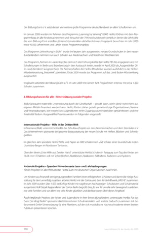 Der BildungsCent e . V . setzt derzeit vier weitere große Programme deutschlandweit an allen Schulformen um .

Im Januar 2009 wurden im Rahmen des Programms „Learning by Viewing“ 8 .000 Herlitz-Ordner mit dem Pro-
grammlogo an alle Kinobesucherinnen und -besucher der 79 Kinos bundesweit verteilt, in denen die Lehrkräfte
die vom BildungsCent erstellten Unterrichtsmaterialien abheften können . Insgesamt besuchten im Jahr 2009
etwa 40 .500 Lehrerinnen und Lehrer dieses Programmangebot .

Das Programm „Mitwirkung in Sicht“ wurde im letzten Jahr ausgeweitet . Neben Grundschulen in den neuen
Bundesländern nehmen nun auch Schulen aus Niedersachsen und Nordrhein-Westfalen teil .

Das Programm „Partners in Leadership“, bei dem sich drei Führungskräfte der Herlitz PBS AG engagieren und mit
Schulleitungen in Berlin und Brandenburg in den Austausch treten, wurde im April 2009 als „Ausgewählter Ort
im Land der Ideen“ ausgezeichnet . Die Partnerschaften der Herlitz-Mitarbeiter wurden ausführlich in der Herlitz-
Mitarbeiterzeitung „Netzwerk“ porträtiert . Ende 2009 wurde das Programm auf das Land Baden-Württemberg
ausgeweitet .

Insgesamt arbeitete der BildungsCent e . V . im Jahr 2009 mit seinen fünf Programmen intensiv mit circa 1 .300
Schulen zusammen .



2. Bildungschancen für alle – Unterstützung sozialer Projekte

Bildung braucht materielle Unterstützung durch die Gesellschaft – gerade dann, wenn diese nicht mehr aus
eigenen Mitteln finanziert werden kann . Herlitz fördert daher gezielt gemeinnützige Organisationen, Vereine
und Veranstaltungen, die Kindern und Jugendlichen einen Zugang zu Lernmaterialien gewährleisten und ihre
Kreativität fördern . Ausgewählte Projekte werden im Folgenden vorgestellt .



Internationale Projekte – Hilfe in der Dritten Welt
In Niamana (Mali) unterstützte Herlitz das Schulbau-Projekt von Jens Nonnenmacher und dem Sterntaler e . V .
Das Unternehmen sponsorte die gesamte Erstausstattung der neuen Schule mit Heften, Blöcken und Schreib-
geräten .

Im gleichen Jahr spendete Herlitz Stifte und Papier an 400 Schülerinnen und Schüler einer Grundschule in den
Usambara-Bergen im Nordosten Tansanias .

Über den Verein „Erste Hilfe aus Zweiter Hand“ unterstützte Herlitz Schulen in Paraguay zum Tag des Kindes am
16 .08 . mit 12 Paletten voll mit Schreibheften, Malblöcken, Malkästen, Füllhaltern, Radierern und Spitzern .



Nationale Projekte – Spenden für verbesserte Lern- und Lehrbedingungen
Neben Projekten in aller Welt arbeitet Herlitz auch mit deutschen Organisationen zusammen .

Um Kindern aus finanziell weniger gut gestellten Familien einen erfolgreichen Schulstart und damit die nötige Aus-
stattung für den Lernerfolg zu geben, arbeitet Herlitz mit der Caritas und dem Kinderhilfswerk „ARCHE“ zusammen .
Im Jahr 2009 wurden über 1 .000 bedürftige Kinder mit nagelneuen hochwertigen Schulranzen und Schulmaterial
ausgerüstet . Rolf Göpel, Regionalleiter der Caritas Berlin begrüßt dies: „Es war für uns alle sehr bewegend zu erleben,
wie viele Familien und vor allem wie viele Kinder glücklich und dankbar waren über dieses Angebot .“

Auch regionale Projekte, die Kinder und Jugendliche in ihrer Entwicklung fördern, unterstützte Herlitz . Für das
Event „So klingt Berlin“ sponsorte das Unternehmen Schulmaterialien und leistete dadurch zusammen mit der
forumwerk GmbH Unterstützung für eine Plattform, auf der sich musikalische Nachwuchstalente einem breiten
Publikum präsentieren konnten .




110                                                                                 Geschäftsbericht der Herlitz AG 2009
 