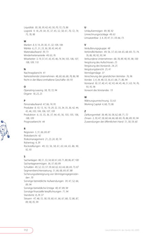 Liquidität 30, 38, 39, 42, 43, 50, 70, 72, 73, 86               U
Logistik 9, 18, 29, 34, 35, 37, 45, 52, 58, 61, 70, 72, 74,     Umlaufvermögen 89, 90, 92
  75, 78, 98                                                    Umrechnungsrücklage 49, 63
                                                                Umsatzerlöse 3, 4, 39, 47, 51, 59, 66, 73
M
Marken 8, 9, 14, 29, 30, 31, 32, 104, 106                       V
Märkte 6, 21, 31, 33, 36, 38, 43, 44, 45                        Veräußerungsgruppe 48
Materialaufwand 39, 73                                          Verbindlichkeiten 49, 56, 57, 63, 64, 65, 68, 69, 73, 74,
Minderheitenanteile 49, 63, 76                                    76, 86, 90, 92, 93, 94
Mitarbeiter 3, 19, 37, 41, 43, 45, 46, 74, 94, 105, 106, 107,   Verbundene Unternehmen 68, 78, 89, 90, 95, 98, 100
 108, 109, 110                                                  Vergütung des Aufsichtsrats 25
                                                                Vergütung des Vorstands 24, 25
N                                                               Vergütungsbericht 25, 41
Nachtragsbericht 41                                             Vermögenslage 37
Nahestehende Unternehmen 48, 60, 66, 68, 78, 86, 98             Versicherung der gesetzlichen Vertreter 76, 96
Nicht in der Bilanz enthaltene Geschäfte 69, 93                 Vorräte 3, 4, 34, 48, 53, 56, 61, 68, 71, 86, 94
                                                                Vorstand 30, 37, 40, 41, 42, 43, 44, 45, 46, 51, 63, 74, 76,
O                                                                 93, 95, 96
Operating-Leasing 58, 70, 72, 94                                Vorwort des Vorstandes 19
Organe 18, 23, 25
                                                                W
P                                                               Währungsumrechnung 53, 63
Personalaufwand 47, 66, 74, 95                                  Working Capital 4, 68, 73, 86
Produkte 8, 10, 13, 16, 19, 29, 32, 33, 34, 35, 36, 42, 44,
  45, 46, 103, 104, 106, 107, 109                               Z
Produktion 6, 33, 35, 36, 37, 44, 45, 56, 103, 105, 106,        Zahlungsmittel 38, 48, 56, 58, 62, 68, 71, 72
  108, 109                                                      Zinsen 3, 39, 47, 58, 60, 64, 66, 68, 69, 76, 86, 89, 93, 94
Prognosebericht 44                                              Zuwendungen der öffentlichen Hand 51, 58, 59, 60

R
Regionen 5, 31, 66, 69, 87
Risikobericht 42
Risikomanagement 21, 23, 24, 30, 74
Rohertrag 4, 39
Rückstellungen 49, 53, 56, 58, 61, 63, 64, 65, 86, 90,
  92, 93

S
Sachanlagen 48, 51, 53, 54, 60, 61, 69, 71, 80, 86, 87, 100
Sachanlagevermögen 36, 37, 60, 89
Schulden 49, 52, 53, 57, 59, 60, 62, 63, 64, 68, 69, 73, 87
Segmentberichterstattung 51, 66, 68, 69, 87, 88
Sicherungsübereignung von Vermögensgegenstän-
  den 70
Sonstige betriebliche Aufwendungen 39, 47, 52, 66,
  89, 94
Sonstige betriebliche Erträge 40, 47, 89, 94
Sonstige finanzielle Verpflichtungen 71, 94
Standorte 8, 29, 37
Steuern 47, 48, 55, 58, 59, 60, 61, 66, 67, 68, 72, 86, 87,
  89, 90, 95, 99




112                                                                                    Geschäftsbericht der Herlitz AG 2009
 