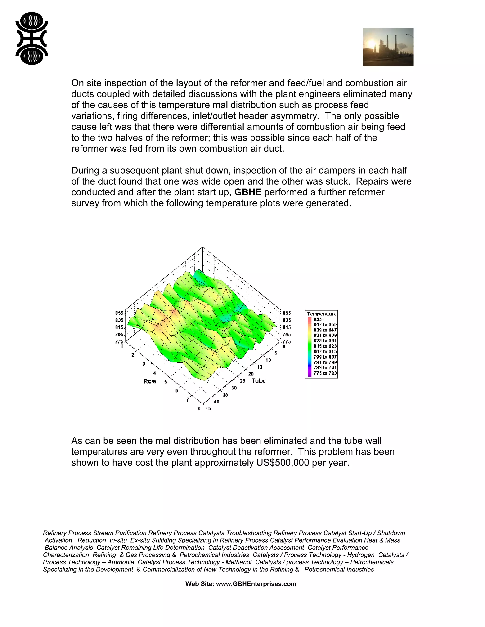 Refinery Process Stream Purification Refinery Process Catalysts Troubleshooting Refinery Process Catalyst Start-Up / Shutdown
Activation Reduction In-situ Ex-situ Sulfiding Specializing in Refinery Process Catalyst Performance Evaluation Heat & Mass
Balance Analysis Catalyst Remaining Life Determination Catalyst Deactivation Assessment Catalyst Performance
Characterization Refining & Gas Processing & Petrochemical Industries Catalysts / Process Technology - Hydrogen Catalysts /
Process Technology – Ammonia Catalyst Process Technology - Methanol Catalysts / process Technology – Petrochemicals
Specializing in the Development & Commercialization of New Technology in the Refining & Petrochemical Industries
Web Site: www.GBHEnterprises.com
On site inspection of the layout of the reformer and feed/fuel and combustion air
ducts coupled with detailed discussions with the plant engineers eliminated many
of the causes of this temperature mal distribution such as process feed
variations, firing differences, inlet/outlet header asymmetry. The only possible
cause left was that there were differential amounts of combustion air being feed
to the two halves of the reformer; this was possible since each half of the
reformer was fed from its own combustion air duct.
During a subsequent plant shut down, inspection of the air dampers in each half
of the duct found that one was wide open and the other was stuck. Repairs were
conducted and after the plant start up, GBHE performed a further reformer
survey from which the following temperature plots were generated.
As can be seen the mal distribution has been eliminated and the tube wall
temperatures are very even throughout the reformer. This problem has been
shown to have cost the plant approximately US$500,000 per year.
 