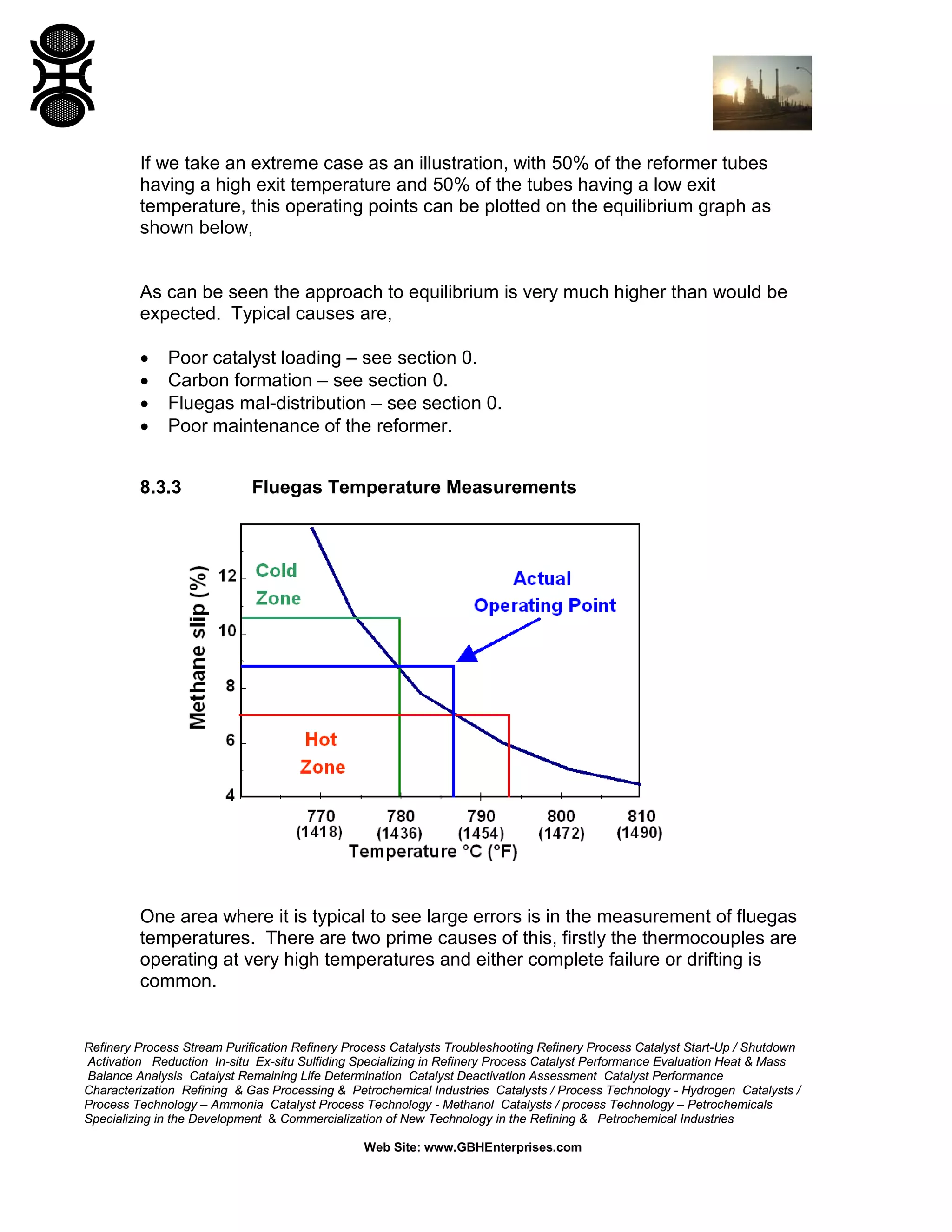Refinery Process Stream Purification Refinery Process Catalysts Troubleshooting Refinery Process Catalyst Start-Up / Shutdown
Activation Reduction In-situ Ex-situ Sulfiding Specializing in Refinery Process Catalyst Performance Evaluation Heat & Mass
Balance Analysis Catalyst Remaining Life Determination Catalyst Deactivation Assessment Catalyst Performance
Characterization Refining & Gas Processing & Petrochemical Industries Catalysts / Process Technology - Hydrogen Catalysts /
Process Technology – Ammonia Catalyst Process Technology - Methanol Catalysts / process Technology – Petrochemicals
Specializing in the Development & Commercialization of New Technology in the Refining & Petrochemical Industries
Web Site: www.GBHEnterprises.com
If we take an extreme case as an illustration, with 50% of the reformer tubes
having a high exit temperature and 50% of the tubes having a low exit
temperature, this operating points can be plotted on the equilibrium graph as
shown below,
As can be seen the approach to equilibrium is very much higher than would be
expected. Typical causes are,
• Poor catalyst loading – see section 0.
• Carbon formation – see section 0.
• Fluegas mal-distribution – see section 0.
• Poor maintenance of the reformer.
8.3.3 Fluegas Temperature Measurements
One area where it is typical to see large errors is in the measurement of fluegas
temperatures. There are two prime causes of this, firstly the thermocouples are
operating at very high temperatures and either complete failure or drifting is
common.
 