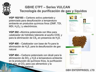 VGP 102/103 – Carbono activo patentado y
potenciado para desulfuración a temperatura
ambiente en productos químicos finos (DMF, TDI,
MDI, H2O2 ) y electrónicos.
VGP 202 –Alúmina potenciada con Mox para
catalizador de hidrólisis tolerante al azufre COS, y
para la eliminación de CS2 en presencia de H2S.
VGP 400 – Catalizador con base de Fe para la
eliminación de H2S, para la desulfuración de gas
natural
VGP 404 – Carbono potenciado con álcali para la
eliminación de SO2 y H2S a temperatura ambiente
en la producción de químicos finos, la purificación
del aire, el CO2 para uso alimenticio y la
producción de metanol.
 
