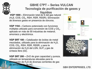 VGP 1000 – Eliminación total de S del gas natural
(H2S, COS, CS2, RSH, RSR, RSSR). Eliminación
de diversos gases en presencia de cloruros.
VGP 1104 – Carbono potenciado con funciones
múltiples utilizado para conversión de COS y CS2,
aplicado en más de 50 industrias de metanol,
amoniaco y electrónica.
VGP SRT 100 – Catalizador de óxidos de metal
mezclados, utilizado para la eliminación de H2S,
COS, CS2, RSH, RSR, RSSR, y para la
eliminación de H2S del LGN, GLP, y gas de
síntesis libre (02).
VGP SRT 200 – ZnO de gran capacidad y pureza,
utilizado en temperaturas elevadas para la
eliminación de H2S de diversas corrientes de gas
de alimentación de HC.
 