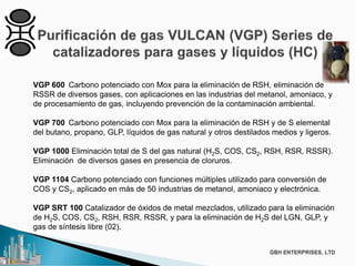 VGP 600 Carbono potenciado con Mox para la eliminación de RSH, eliminación de
RSSR de diversos gases, con aplicaciones en las industrias del metanol, amoniaco, y
de procesamiento de gas, incluyendo prevención de la contaminación ambiental.
VGP 700 Carbono potenciado con Mox para la eliminación de RSH y de S elemental
del butano, propano, GLP, líquidos de gas natural y otros destilados medios y ligeros.
VGP 1000 Eliminación total de S del gas natural (H2S, COS, CS2, RSH, RSR, RSSR).
Eliminación de diversos gases en presencia de cloruros.
VGP 1104 Carbono potenciado con funciones múltiples utilizado para conversión de
COS y CS2, aplicado en más de 50 industrias de metanol, amoniaco y electrónica.
VGP SRT 100 Catalizador de óxidos de metal mezclados, utilizado para la eliminación
de H2S, COS, CS2, RSH, RSR, RSSR, y para la eliminación de H2S del LGN, GLP, y
gas de síntesis libre (02).
 