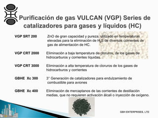 VGP SRT 200 ZnO de gran capacidad y pureza, utilizado en temperaturas
elevadas para la eliminación de H2S de diversas corrientes de
gas de alimentación de HC.
VGP CRT 2000 Eliminación a baja temperatura de cloruros, de los gases de
hidrocarburos y corrientes líquidas.
VGP CRT 3000 Eliminación a alta temperatura de cloruros de los gases de
hidrocarburos y corrientes
GBHE Xc 300 3° Generación de catalizadores para endulzamiento de
combustible para aviones
GBHE Xc 400 Eliminación de mercaptanos de las corrientes de destilación
medias, que no requieren activación álcali o inyección de oxígeno.
 