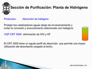 Productos: Absorción de halógeno
Protejer los catalizadores aguas abajo de envenenamiento y
evitar la corrosión y ensuciamiento relacionado con halógeno
VGP CRT 3000 eliminación de HCl y HF
El CRT 3000 tiene un agudo perfil de absorción que permite una mayor
utilización del absorbente cargado al lecho.
 