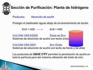 Productos: Absorción de azufre
Proteger el catalizador aguas abajo de envenenamiento de azufre.
ZnO + H2S ZnS + H20
VULCAN VSG-EZ200 Óxido de Zinc
Sistemas de absorción de azufre con lecho único
VULCAN VSG-S201 Zinc Oxide
Sistemas de absorción de azufre con lecho de frente y de atrás
Los productos de GBHE C2PT permiten la penetración de azufre en
toda la partícula para dar máxima utilización del óxido de zinc.
 