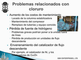  Aumento de los costos de mantenimiento
◦ Lavado de la columna estabilizadora
◦ Mantenimiento del compresor
◦ Remplazo de tuberías y equipo corroído
 Pérdida de fuente de hidrógeno
◦ Problemas graves podrían poner a la unidad fuera
de línea
◦ Pérdida de producción en unidades de flujo
descendente
 Envenenamiento del catalizador de flujo
descendente
◦ Por ejemplo, el catalizador de Ni, y los
catalizadores de Cu/Zn
◦
 