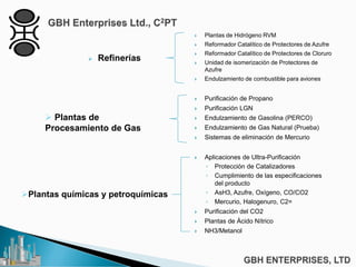  Refinerías
 Plantas de Hidrógeno RVM
 Reformador Catalítico de Protectores de Azufre
 Reformador Catalítico de Protectores de Cloruro
 Unidad de isomerización de Protectores de
Azufre
 Endulzamiento de combustible para aviones
 Purificación de Propano
 Purificación LGN
 Endulzamiento de Gasolina (PERCO)
 Endulzamiento de Gas Natural (Prueba)
 Sistemas de eliminación de Mercurio
 Aplicaciones de Ultra-Purificación
◦ Protección de Catalizadores
◦ Cumplimiento de las especificaciones
del producto
◦ AsH3, Azufre, Oxígeno, CO/CO2
◦ Mercurio, Halogenuro, C2=
 Purificación del CO2
 Plantas de Ácido Nítrico
 NH3/Metanol
Plantas químicas y petroquímicas
 Plantas de
Procesamiento de Gas
 