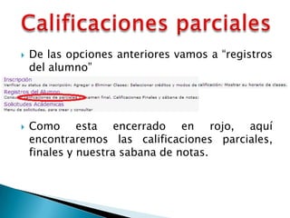    De las opciones anteriores vamos a “registros
    del alumno”




   Como esta encerrado en rojo, aquí
    encontraremos las calificaciones parciales,
    finales y nuestra sabana de notas.
 
