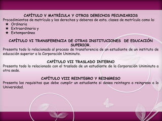 CAPÍTULO V MATRÍCULA Y OTROS DERECHOS PECUNIARIOS
Procedimientos de matrícula y los derechos y deberes de esta. clases de matrícula como la:
★ Ordinaria
★ Extraordinaria y
★ Extemporánea
CAPÍTULO VI TRANSFERENCIA DE OTRAS INSTITUCIONES DE EDUCACIÓN
SUPERIOR.
Presenta todo lo relacionado al proceso de transferencia de un estudiante de un instituto de
educación superior a la Corporación Uniminuto.
CAPÍTULO VII TRASLADO INTERNO
Presenta todo lo relacionado con el traslado de un estudiante de la Corporación Uniminuto a
otra sede.
CAPÍTULO VIII REINTEGRO Y REINGRESO
Presenta los requisitos que debe cumplir un estudiante si desea reintegro o reingreso a la
Universidad.
 