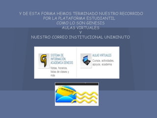 Y DE ESTA FORMA HEMOS TERMINADO NUESTRO RECORRIDO
POR LA PLATAFORMA ESTUDIANTIL
COMO LO SON GENESIS
AULAS VIRTUALES
Y
NUESTRO CORREO INSTITUCIONAL UNIMINUTO
 