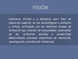 Uniminuto Virtual y a Distancia será líder en
educación superior en las metodologías a distancia
y virtual, articulada con los distintos niveles de
formación que atiende las necesidades cambiantes
de los contextos sociales y productivos
desarrollando procesos educativos de innovación,
investigación y producción intelectual.
VISIÓN
 