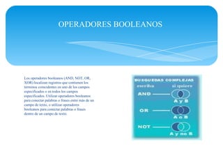 OPERADORES BOOLEANOS




Los operadores booleanos (AND, NOT, OR,
XOR) localizan registros que contienen los
terminos coincidentes en uno de los campos
especificados o en todos los campos
especificados. Utilizar operadores booleanos
para conectar palabras o frases entre más de un
campo de texto, o utilizar operadores
booleanos para conectar palabras o frases
dentro de un campo de texto.
 