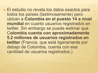    El estudio no revela los datos exactos para
    todos los países (lastimosamente) pero
    ubican a Colombia en el pue...