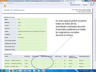 En este espacio podrá visualizar
todas las notas de las
actividades realizadas durante
el periodo académico en todas
las asignaturas cursadas
durante el mismo
 