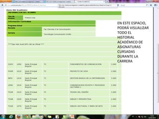 EN ESTE ESPACIO,
PODRÁ VISUALIZAR
TODO EL
HISTORIAL
ACADÉMICO DE
ASIGNATURAS
CURSADAS
DURANTE LA
CARRERA
 