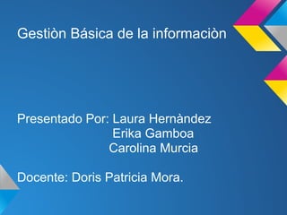 Gestiòn Básica de la informaciòn




Presentado Por: Laura Hernàndez
                Erika Gamboa
               Carolina Murcia

Docente: Doris Patricia Mora.
 