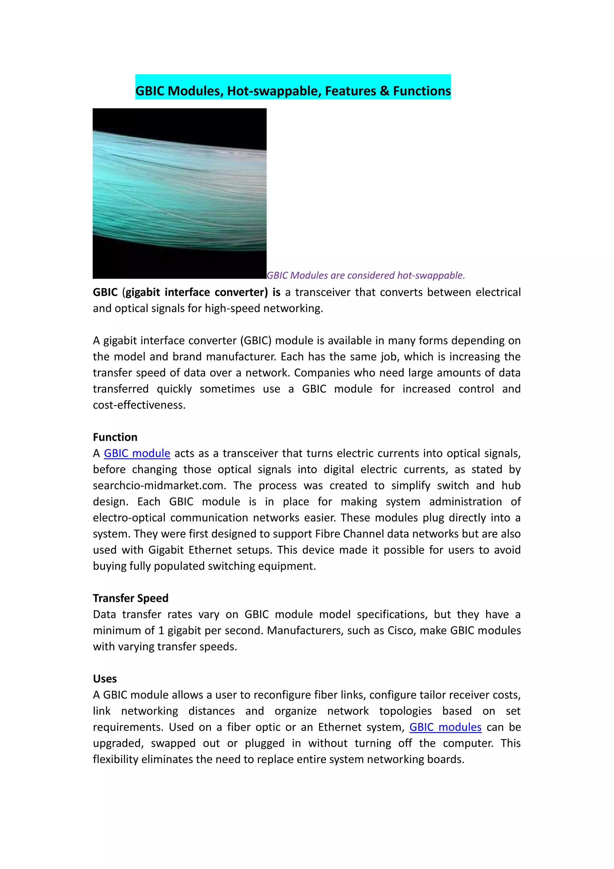 Gbic modules, hot swappable, features & functions | PDF
