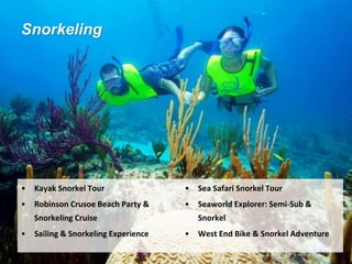 Snorkeling
• Kayak Snorkel Tour
• Robinson Crusoe Beach Party &
Snorkeling Cruise
• Sailing & Snorkeling Experience
• Sea Safari Snorkel Tour
• Seaworld Explorer: Semi-Sub &
Snorkel
• West End Bike & Snorkel Adventure
 