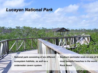 Lucayan National Park
• National park consisting of six different
ecosystem habitats, as well as a
underwater cavern system.
• Southern perimeter ends on one of th
most beautiful beaches in the world,
Rock Beach
 
