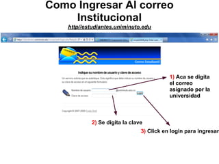 Como Ingresar Al correo
    Institucional
    http//estudiantes.uniminuto.edu




                                           1) Aca se digita
                                           el correo
                                           asignado por la
                                           universidad



            2) Se digita la clave
                                3) Click en login para ingresar
 
