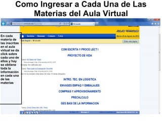 Como Ingresar a Cada Una de Las
             Materias del Aula Virtual

En cada
materia de
las inscritas
en el aula
virtual se da
click sobre
cada uno de
ellos y hay
se obtiene
toda la
información
en cada una
de las
materias
 