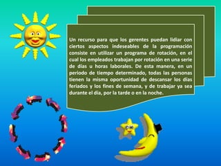 Un recurso para que los gerentes puedan lidiar con
ciertos aspectos indeseables de la programación
consiste en utilizar un programa de rotación, en el
cual los empleados trabajan por rotación en una serie
de días u horas laborales. De esta manera, en un
periodo de tiempo determinado, todas las personas
tienen la misma oportunidad de descansar los días
feriados y los fines de semana, y de trabajar ya sea
durante el día, por la tarde o en la noche.
 
