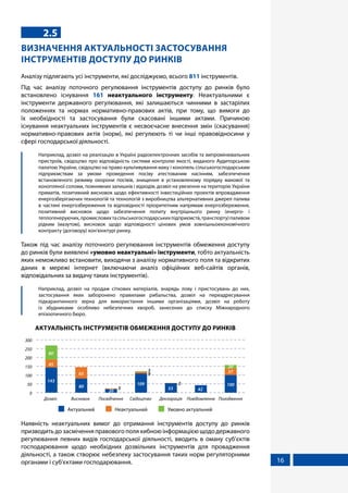 16
2.5
ВИЗНАЧЕННЯ АКТУАЛЬНОСТІ ЗАСТОСУВАННЯ
ІНСТРУМЕНТІВ ДОСТУПУ ДО РИНКІВ
Аналізу підлягають усі інструменти, які досліджуємо, всього 811 інструментів.
Під час аналізу поточного регулювання інструментів доступу до ринків було
встановлено існування 161 неактуального інструменту. Неактуальними є
інструменти державного регулювання, які залишаються чинними в застарілих
положеннях та нормах нормативно-правових актів, при тому, що вимоги до
їх необхідності та застосування були скасовані іншими актами. Причиною
існування неактуальних інструментів є несвоєчасне внесення змін (скасування)
нормативно-правових актів (норм), які регулюють ті чи інші правовідносини у
сфері господарської діяльності.
	 Наприклад, дозвіл на реалізацію в Україні радіоелектронних засобів та випромінювальних
пристроїв, свідоцтво про відповідність системи контролю якості, виданого Аудиторською
палатою України, свідоцтво на право культивування маку і конопель сільськогосподарським
підприємствам за умови проведення посіву атестованим насінням, забезпечення
встановленого режиму охорони посівів, знищення в установленому порядку макової та
конопляної соломи, пожнивних залишків і відходів, дозвіл на увезення на територію України
приматів, позитивний висновок щодо ефективності інвестиційних проектів впровадження
енергозберігаючих технологій та технологій з виробництва альтернативних джерел палива
в частині енергозбереження та відповідності пріоритетним напрямам енергозбереження,
позитивний висновок щодо забезпечення попиту внутрішнього ринку (енерго- і
теплогенеруючих,промисловихтасільськогосподарськихпідприємств,транспорту)паливом
рідким (мазутом), висновок щодо відповідності цінових умов зовнішньоекономічного
контракту (договору) кон'юнктурі ринку.
Також під час аналізу поточного регулювання інструментів обмеження доступу
до ринків були виявлені «умовно неактуальні» інструменти, тобто актуальність
яких неможливо встановити, виходячи з аналізу нормативного поля та відкритих
даних в мережі інтернет (включаючи аналіз офіційних веб-сайтів органів,
відповідальних за видачу таких інструментів).
	 Наприклад, дозвіл на продаж сіткових матеріалів, знарядь лову і пристосувань до них,
застосування яких заборонено правилами рибальства, дозвіл на переадресування
підкарантинного зерна для використання іншими організаціями, дозвіл на роботу
із збудниками особливо небезпечних хвороб, занесених до списку Міжнародного
епізоотичного бюро.
АКТУАЛЬНІСТЬ ІНСТРУМЕНТІВ ОБМЕЖЕННЯ ДОСТУПУ ДО РИНКІВ
143
80
20
109
53 42
100
45
65
3
9
2
37
80
3
20
0
50
100
150
200
250
300
Дозвіл Висновок Посвідчення Свідоцтво Декларація Повідомлення Погодження
Актуальний Неактуальний Умовно актуальний
Наявність неактуальних вимог до отримання інструментів доступу до ринків
призводить до засмічення правового поля хибною інформацією щодо державного
регулювання певних видів господарської діяльності, вводить в оману суб’єктів
господарювання щодо необхідних дозвільних інструментів для провадження
діяльності, а також створює небезпеку застосування таких норм регуляторними
органами і суб’єктами господарювання.
 