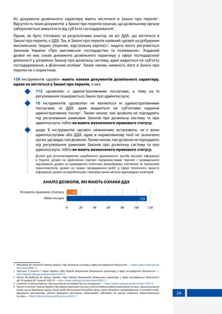 24
Усі документи дозвільного характеру мають міститися в Законі про перелік1
.
Відсутність таких документів у Законі про перелік означає, що дозвільному органу
забороняється вимагати їх від суб'єкта господарювання2
.
Однак, як було з’ясовано за результатами аналізу, не всі ДДХ, що містяться в
Законі про перелік, є ДДХ. Так, в Законі про перелік наявний «дозвіл на добування
мисливських тварин (ліцензія, відстрільна картка)»3
, видача якого регулюється
Законом України «Про мисливське господарство та полювання». Згаданий
дозвіл не має ознак документа дозвільного характеру у сфері господарської
діяльності у розумінні Закону про дозвільну систему, адже видається не суб’єкту
господарювання, а фізичним особам4
. Таким чином, наявність його в Законі про
перелік не є коректною.
130 інструментів «дозвіл» мають ознаки документів дозвільного характеру,
однак не містяться у Законі про перелік, з них:
	 115 «дозволів» є адміністративними послугами, а тому на їх
регулювання поширюється Закон про адмінпослуги;
	 10 інструментів «дозволів» не являються ні адміністративними
послугами, ні ДДХ, адже видаються не суб’єктами надання
адміністративних послуг5
. Таким чином, такі дозволи не підпадають
під регулювання рамкових Законів про дозвільну систему та про
адмінпослуги, тобто не мають визначеного правового статусу;
	щодо 5 інструментів «дозвіл» неможливо встановити, чи є вони
адмінпослугами або ДДХ, адже в нормативному полі не зазначено
орган,щовидаєтакідозволи.Такимчином,такідозволинепідпадають
під регулювання рамкових Законів про дозвільну систему та про
адмінпослуги, тобто не мають визначеного правового статусу.
	 Дозвіл для розповсюдження зарубіжного друкованого засобу масової інформації
в Україні, дозвіл на здійснення торгівлі підприємствами торгівлі і громадського
харчування, дозвіл на проведення клінічних випробувань клітинних та тканинних
трансплантатів, дозвіл на право провадження робіт у сфері технічного захисту
інформації, дозвіл на виробництво і використання насіння відповідних категорій.
АНАЛІЗ ДОЗВОЛІВ, ЯКІ МАЮТЬ ОЗНАКИ ДДХ
Не мають правового статусу
Адмін послуги
0 20 40 60 80 100 120
15
115
1	 Відповідно до статті 4 Закону України «Про дозвільну систему у сфері господарської діяльності» — https://zakon.rada.gov.ua/
laws/show/2806-15
2	 Частина 2 статті 1 Закон України «Про Перелік документів дозвільного характеру у сфері господарської діяльності» —
http://zakon3.rada.gov.ua/laws/show/3392-17
3	 Пункт 38 Додатку до Закону України «Про Перелік документів дозвільного характеру у сфері господарської діяльності»
від 19 травня 2011 року № 3392-VI — https://zakon.rada.gov.ua/laws/show/3392-17
4	 Стаття 12 Закону України «Про мисливське господарство та полювання» — https://zakon.rada.gov.ua/laws/show/1478-14
5	 Пункт3статті1ЗаконуУкраїни«Проадміністративніпослуги»:суб’єктнаданняадміністративноїпослуги-органвиконавчої
влади, інший державний орган, орган влади Автономної Республіки Крим, орган місцевого самоврядування, їх посадові особи,
державний реєстратор, суб’єкт державної реєстрації, уповноважені відповідно до закону надавати адміністративні
послуги — https://zakon.rada.gov.ua/laws/show/5203-17
 