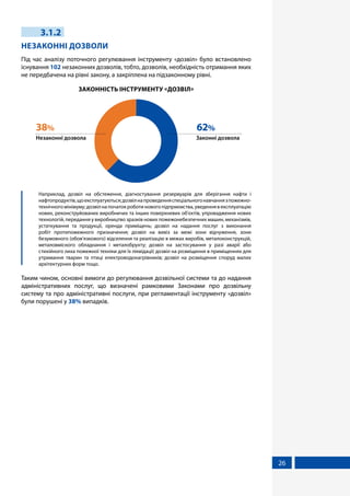 26
3.1.2
НЕЗАКОННІ ДОЗВОЛИ
Під час аналізу поточного регулювання інструменту «дозвіл» було встановлено
існування 102 незаконних дозволів, тобто, дозволів, необхідність отримання яких
не передбачена на рівні закону, а закріплена на підзаконному рівні.
ЗАКОННІСТЬ ІНСТРУМЕНТУ «ДОЗВІЛ»
Законні дозвола
62%
Незаконні дозвола
38%
	 Наприклад, дозвіл на обстеження, діагностування резервуарів для зберігання нафти і
нафтопродуктів,щоексплуатуються;дозвілнапроведенняспеціальногонавчаннязпожежно-
технічногомінімуму;дозвілнапочатокроботиновогопідприємства,уведеннявексплуатацію
нових, реконструйованих виробничих та інших поверхневих об'єктів, упровадження нових
технологій, передання у виробництво зразків нових пожежонебезпечних машин, механізмів,
устаткування та продукції, оренда приміщень; дозвіл на надання послуг з виконання
робіт протипожежного призначення; дозвіл на вивіз за межі зони відчуження, зони
безумовного (обов’язкового) відселення та реалізацію в межах виробів, металоконструкцій,
металовмісного обладнання і металобрухту; дозвіл на застосування у разі аварії або
стихійного лиха пожежної техніки для їх ліквідації; дозвіл на розміщення в приміщеннях для
утримання тварин та птиці електроводонагрівників; дозвіл на розміщення споруд малих
архітектурних форм тощо.
Таким чином, основні вимоги до регулювання дозвільної системи та до надання
адміністративних послуг, що визначені рамковими Законами про дозвільну
систему та про адміністративні послуги, при регламентації інструменту «дозвіл»
були порушені у 38% випадків.
 