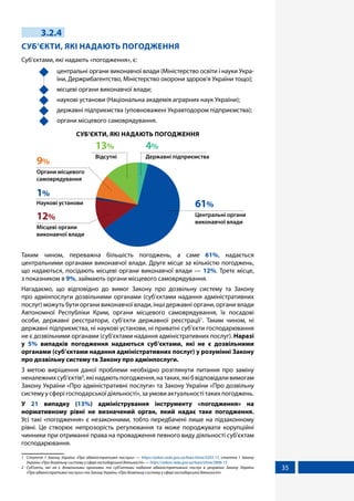 35
3.2.4
СУБ’ЄКТИ, ЯКІ НАДАЮТЬ ПОГОДЖЕННЯ
Суб’єктами, які надають «погодження», є:
	 центральні органи виконавчої влади (Міністерство освіти і науки Укра-
їни, Держрибагентство, Міністерство охорони здоров’я України тощо);
	 місцеві органи виконавчої влади;
	 наукові установи (Національна академія аграрних наук України);
	 державні підприємства (уповноважені Укравтодором підприємства);
	 органи місцевого самоврядування.
СУБ’ЄКТИ, ЯКІ НАДАЮТЬ ПОГОДЖЕННЯ
Державні підприємства
4%
Відсутні
13%
Місцеві органи
виконавчої влади
12%
Наукові установи
1%
Органи місцевого
самоврядування
9%
Центральні органи
виконавчої влади
61%
Таким чином, переважна більшість погоджень, а саме 61%, надається
центральними органами виконавчої влади. Друге місце за кількістю погоджень,
що надаються, посідають місцеві органи виконавчої влади — 12%. Третє місце,
з показником в 9%, займають органи місцевого самоврядування.
Нагадаємо, що відповідно до вимог Закону про дозвільну систему та Закону
про адмінпослуги дозвільними органами (суб’єктами надання адміністративних
послуг) можуть бути органи виконавчої влади, інші державні органи, органи влади
Автономної Республіки Крим, органи місцевого самоврядування, їх посадові
особи, державні реєстратори, суб’єкти державної реєстрації1
. Таким чином, ні
державні підприємства, ні наукові установи, ні приватні суб’єкти господарювання
не є дозвільними органами (суб’єктами надання адміністративних послуг). Наразі
у 5% випадків погодження надаються суб’єктами, які не є дозвільними
органами (суб’єктами надання адміністративних послуг) у розумінні Закону
про дозвільну систему та Закону про адмінпослуги.
З метою вирішення даної проблеми необхідно розглянути питання про заміну
неналежнихсуб’єктів2
,якінадаютьпогодження,натаких,якібвідповідаливимогам
Закону України «Про адміністративні послуги» та Закону України «Про дозвільну
систему у сфері господарської діяльності», за умови актуальності таких погоджень.
У 21 випадку (13%) адміністрування інструменту «погодження» на
нормативному рівні не визначений орган, який надає таке погодження.
Усі такі «погодження» є незаконними, тобто передбачені лише на підзаконному
рівні. Це створює непрозорість регулювання та може породжувати корупційні
чинники при отриманні права на провадження певного виду діяльності суб’єктам
господарювання.
1	 Стаття 1 Закону України «Про адміністративні послуги» — https://zakon.rada.gov.ua/laws/show/5203-17, стаття 1 Закону
України «Про дозвільну систему у сфері господарської діяльності» — https://zakon.rada.gov.ua/laws/show/2806-15
2	 Суб’єкти, які не є дозвільними органами та суб’єктами надання адміністративних послуг в розумінні Закону України
«Про адміністративні послуги» та Закону України «Про дозвільну систему у сфері господарської діяльності»
 