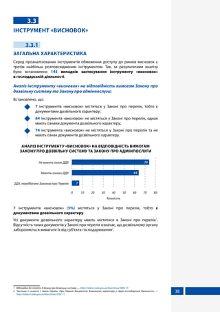 38
3.3
ІНСТРУМЕНТ «ВИСНОВОК»
3.3.1
ЗАГАЛЬНА ХАРАКТЕРИСТИКА
Серед проаналізованих інструментів обмеження доступу до ринків висновок є
третім найбільш розповсюдженим інструментом. Так, за результатами аналізу
було встановлено 145 випадків застосування інструменту «висновок»
в господарській діяльності.
Аналіз інструменту «висновок» на відповідність вимогам Закону про
дозвільну систему та Закону про адмінпослуги:
Встановлено, що:
	 7 інструментів «висновок» містяться у Законі про перелік, тобто є
документами дозвільного характеру;
	 64 інструмента «висновок» не містяться у Законі про перелік, однак
мають ознаки документа дозвільного характеру;
	 74 інструмента «висновок» не містяться у Законі про перелік та не
мають ознак документів дозвільного характеру.
АНАЛІЗ ІНСТРУМЕНТУ «ВИСНОВОК» НА ВІДПОВІДНІСТЬ ВИМОГАМ
ЗАКОНУ ПРО ДОЗВІЛЬНУ СИСТЕМУ ТА ЗАКОНУ ПРО АДМІНПОСЛУГИ
Кількість
ДДХ, передбачені Законом про Перелік
Мають ознаки ДДХ
Не мають ознак ДДХ
0 10 20 30 40 50 60 70 80
74
64
7
7 інструментів «висновок» (5%) містяться у Законі про перелік, тобто є
документами дозвільного характеру.
Усі документи дозвільного характеру мають міститися в Законі про перелік1
.
Відсутність таких документів у Законі про перелік означає, що дозвільному органу
забороняється вимагати їх від суб'єкта господарювання2
.
1	 Відповідно до статті 4 Закону про дозвільну систему — https://zakon.rada.gov.ua/laws/show/2806-15
2	 Частина 2 статті 1 Закон України «Про Перелік документів дозвільного характеру у сфері господарської діяльності» —
http://zakon3.rada.gov.ua/laws/show/3392-17
 