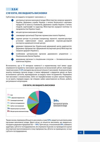 42
3.3.4
СУБ’ЄКТИ, ЯКІ ВИДАЮТЬ ВИСНОВКИ
Суб’єктами, які видають інструмент «висновок», є:
	 центральні органи виконавчої влади (Міністерство охорони здоров’я
України, Державна служба України з питань безпечності харчових
продуктів та захисту споживачів, Державна служба України з питань
геодезії, картографії та кадастру, Міністерство аграрної політики та
продовольства України тощо);
	 місцеві органи виконавчої влади;
	 самоврядні організації (Торгово-промислова палата України);
	 наукові центри та установи (наприклад, проектні, науково-дослідні
установи нафтогазової галузі, державний науково-дослідний
експертно-криміналістичний центр);
	 державні підприємства (Український державний центр радіочастот,
Державне підприємство «Державний експертний центр Міністерства
охорони здоров'я України»);
	 особливим центральним органом державного управління —
Національним баном України;
	 державним органом із спеціальним статусом — Антимонопольним
комітетом України.
Встановлено, що в 11 випадках наявності в нормативному полі вимог щодо
отримання інструменту «висновок» одночасно не визначений суб’єкт, який видає
такий висновок (7,5% випадків від загальної кількості висновків). За результатами
аналізу положень органів влади, а також інформації з відкритих даних не було
встановлено суб’єктів, відповідальних за видачу таких інструментів. Переважно
такі висновки є незаконними, тобто не передбаченими на рівні законів України,
та не мають порядків видачі. Це створює зайве навантаження на бізнес, робить
регулювання непрозорим.
СУБ’ЄКТИ, ЯКІ ВИДАЮТЬ ВИСНОВКИ
Центральні органи
виконавчої влади
54%
5% Інші
10% Державні підприємства
3% Самоврядні організації
9% Суб'єкти господарювання
8% Суб'єкт не встановлений
3% Наукові центри та установи
8% Місцеві органи виконавчої влади
Такимчином,переважнабільшістьвисновків,асаме54%,видаєтьсяцентральними
органами виконавчої влади. Друге місце за кількістю висновків, що видаються,
посідаютьдержавніпідприємства—10%.Третємісце,зпоказникомв9%,займають
аудитори, суб’єкти господарювання, які отримали ліцензію на проведення оцінки
(експертизи) протипожежного стану підприємства, об’єкта чи приміщення, та інші
суб’єкти господарювання.
 