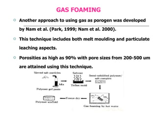 GAS FOAMING Another approach to using gas as porogen was developed by Nam et al. (Park, 1999; Nam et al. 2000). This technique includes both melt moulding and particulate leaching aspects. Porosities as high as 90% with pore sizes from 200-500 um are attained using this technique. 