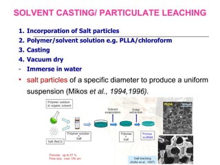SOLVENT CASTING/ PARTICULATE LEACHING Incorporation of Salt particles Polymer/solvent solution e.g. PLLA/chloroform Casting Vacuum dry Immerse in water salt particles  of a specific diameter to produce a uniform suspension (Mikos  et al. , 1994,1996). 