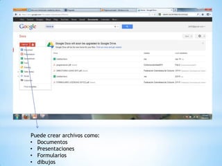 Puede crear archivos como:
• Documentos
• Presentaciones
• Formularios
• dibujos
 