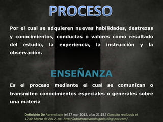 Por el cual se adquieren nuevas habilidades, destrezas
y conocimientos, conductas o valores como resultado
del    estudio,        la     experiencia,              la     instrucción              y   la
observación.



                        ENSEÑANZA
Es    el   proceso          mediante           el    cual       se     comunican            o
transmiten conocimientos especiales o generales sobre
una materia

       Definición De Aprendizaje (el 27 mar 2012, a las 21:15.) Consulta realizada el
       17 de Marzo de 2012, en: http://adrianapavondelgado.blogspot.com/
 