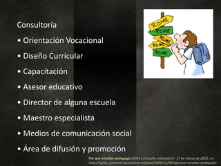 Consultoría
• Orientación Vocacional
• Diseño Curricular
• Capacitación
• Asesor educativo
• Director de alguna escuela
• Maestro especialista
• Medios de comunicación social
• Área de difusión y promoción
                      Por que estudiar pedagogía (2007.) Consulta realizada el 17 de Marzo de 2012, en:
                      http://lupita_pimentel.lacoctelera.net/post/2006/12/04/aporque-estudiar-pedagogia-
 