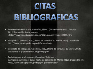 • Ministerio de Educación . Colombia,1990- . [fecha de consulta: 17 Marzo
  2012].Disponible desde Internet:
  <http://www.mineducacion.gov.co/1621/propertyvalue-39439.html

• Wikipedia. Colombia, 2012, [fecha de consulta: 17 Marzo 2012]. Disponible
  http://www.es.wikipedia.org/wiki/aprendizaje

• Concepto de pedagogía. Colombia, 2012, [fecha de consulta: 16 Marzo 2012].
  Disponible http://definicion.de/pedagogia/

• Pedagogos/as profesionales. Colombia, Todo sobre
  pedagogía, educación, 2012, [fecha de consulta: 16 Marzo 2012]. Disponible en:
  http://www.pedagogia.es/pedagogos-profesionales/
 