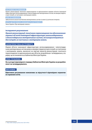 104
ІНСТРУМЕНТ РЕГУЛЮВАННЯ:
Проект реконструкції, технічного переоснащення та вдосконалення окремих об’єктів інженерної
інфраструктури загальнодержавних і міжгосподарських меліоративних систем, які використовують-
ся для потреб, не пов’язаних з меліорацією земель.
ЦІЛЬ РЕГУЛЮВАННЯ:
Забезпечення екологічної безпеки меліоративних систем та захисту суспільних інтересів.
АКТИ, ЩО РЕГУЛЮЮТЬ НЕОБХІДНІСТЬ ІНСТРУМЕНТУ:
Закон України «Про меліорацію земель».1
Інструмент регулювання:
Проект реконструкції, технічного переоснащення та вдосконалення
окремих об’єктів інженерної інфраструктури загальнодержавних
і міжгосподарських меліоративних систем, які використовуються
для потреб, не пов’язаних з меліорацією земель
ХАРАКТЕРИСТИКА ІНСТРУМЕНТУ:
Окремі об’єкти інженерної інфраструктури загальнодержавних і міжгосподар-
ських меліоративних систем можуть використовуватися для потреб, не пов’язаних
з меліорацією земель, виключно на підставі проектів реконструкції, технічного
переоснащення та вдосконалення цих об’єктів, розроблених і затверджених у по-
рядку, що встановлюється Кабінетом Міністрів України.
ОПИС ПРОБЛЕМИ:
На сьогодні відповідного порядку Кабінетом Міністрів України не розробля-
лося і не затверджувалося.
ВИСНОВКИ:
Ефективне регулювання неможливе за відсутності відповідних норматив-
но-правових актів.
1	 https://zakon.rada.gov.ua/laws/show/1389-14#Text
 