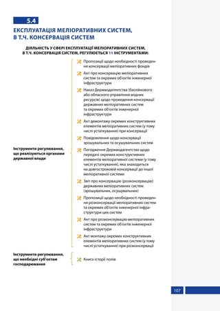 107
5.4
ЕКСПЛУАТАЦІЯ МЕЛІОРАТИВНИХ СИСТЕМ,
В Т.Ч. КОНСЕРВАЦІЯ СИСТЕМ
ДІЯЛЬНІСТЬ У СФЕРІ ЕКСПЛУАТАЦІЇ МЕЛІОРАТИВНИХ СИСТЕМ,
В Т.Ч. КОНСЕРВАЦІЯ СИСТЕМ, РЕГУЛЮЄТЬСЯ 11 ІНСТРУМЕНТАМИ:
Інструменти регулювання,
що реалізуються органами
державної влади
	 Пропозиції щодо необхідності проведен-
ня консервації меліоративних фондів
	 Акт про консервацію меліоративних
систем та окремих об’єктів інженерної
інфраструктури
	 Наказ Держводагентства (басейнового
або обласного управління водних
ресурсів) щодо проведення консервації
державних меліоративних систем
та окремих об’єктів інженерної
інфраструктури
	 Акт демонтажу окремих конструктивних
елементів меліоративних систем (у тому
числі устаткування) при консервації
	 Повідомлення щодо консервації
зрошувальних та осушувальних систем
	 Погодження Держводагентства щодо
передачі окремих конструктивних
елементів меліоративної системи (у тому
числі устаткування), яка знаходиться
на довгостроковій консервації до іншої
меліоративної системи
	 Звіт про консервацію (розконсервацію)
державних меліоративних систем
(зрошувальних, осушувальних)
	 Пропозиції щодо необхідності проведен-
ня розконсервації меліоративних систем
та окремих об’єктів інженерної інфра-
структури цих систем
	 Акт про розконсервацію меліоративних
систем та окремих об’єктів інженерної
інфраструктури
	 Акт монтажу окремих конструктивних
елементів меліоративних систем (у тому
числі устаткування) при розконсервації
Інструменти регулювання,
що необхідні суб’єктам
господарювання
	 Книга історії полів
 