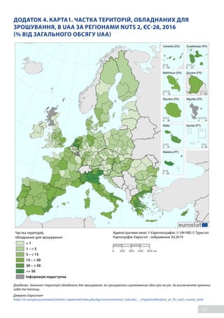 125
ДОДАТОК 4. КАРТА1. ЧАСТКА ТЕРИТОРІЙ, ОБЛАДНАНИХ ДЛЯ
ЗРОШУВАННЯ, В UAA ЗА РЕГІОНАМИ NUTS 2, ЄС-28, 2016
(% ВІД ЗАГАЛЬНОГО ОБСЯГУ UAA)
Частка територій,
обладнаних для зрошування
 1
1 –  5
5 –  15
15 –  30
30 –  50
= 50
Інформація недоступна
Адміністративні межі: © Єврогеографікс © UN-FAO © Туркстат
Картографія: Євростат - зображення, 03.2019
0 200 400 600 800 км
Довідково: Зазначені території обладнанні для зрошування, які зрошувались щонайменше один раз на рік. За виключенням кухонних
садів та теплиць
Джерело: Євростат
https://ec.europa.eu/eurostat/statistics-explained/index.php/Agri-environmental_indicator_-_irrigation#Analysis_at_EU_and_country_level
 