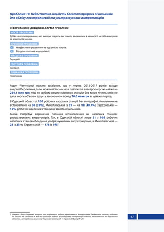 47
Проблема 10. Недостатня кількість багатотарифних лічильників
для обліку електроенергії та ультразвукових витратомірів
ІНФОРМАЦІЙНО-ДОВІДКОВА КАРТКА ПРОБЛЕМИ
НОСІЙ ПРОБЛЕМИ:
Суб’єкти господарювання, що використовують системи та зацікавлені в наявності засобів контролю
за водопостачанням.
ПРИЧИНИ ПРОБЛЕМИ:
1 	 Неефективне управління та відсутність коштів.
2 	 Відсутня політика модернізації.
МАСШТАБ ПРОБЛЕМИ:
Середній.
ГОСТРОТА ПРОБЛЕМИ:
Середня.
ДИНАМІКА ПРОБЛЕМИ:
Позитивна.
Аудит Рахункової палати засвідчив, що у період 2015-2017 років заходи
енергозбереження дали можливість знизити платежі за електроенергію майже на
224,1 млн грн, тоді як робота решти насосних станцій без таких лічильників не
дала змоги об’єктам аудиту зекономити понад 70,0 млн грн за цей же період.
В Одеській області зі 103 робочих насосних станцій багатотарифні лічильники не
встановлено на 36 (35%), Миколаївській із 35 — на 18 (48,7%), Херсонській —
15%. робочих насосних станцій не мають лічильників.
Також потребує вирішення питання встановлення на насосних станціях
ультразвукових витратомірів. Так, в Одеській області лише 51 з 103 робочих
насосних станцій обладнані ультразвуковими витратомірами, в Миколаївській —
23 із 35 та Херсонській — 178 із 195.1
1	 Джерело: Звіт Рахункової палати про результати аудиту ефективності використання бюджетних коштів, виділених
на захист від шкідливої дії вод та розвиток водного господарства на території Одеської, Миколаївської та Херсонської
областей, затверджений рішенням Рахункової палати від 15 травня 2018 року № 12-4
 