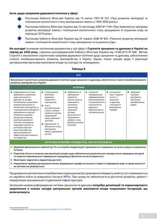 52
Акти, щодо напрямків державної політики у сфері:
	 Постанова Кабінету Міністрів України від 14 липня 1993 № 537 «Про  розвиток меліорації та
поліпшення екологічного стану меліорованих земель у 1994-2000 роках»;
	 Постанова Кабінету Міністрів України від 16 листопада 2000 № 1704 «Про Комплексну програму
розвитку меліорації земель і поліпшення екологічного стану зрошуваних та осушених угідь на
період до 2010 року»;
	 Постанова Кабінету Міністрів України від 24 червня 2006 № 863 «Питання розвитку меліорації
земель і поліпшення екологічного стану зрошуваних та осушених угідь».
На сьогодні основним політичним документом у цій сфері є Стратегія зрошення та дренажу в Україні на
період до 2030 року, схвалена розпорядженням Кабінету Міністрів України від 14.08.2019 № 6881
. Метою
Стратегії є визначення стратегічних напрямів державної політики щодо зрошення та дренажу, забезпечення
сталого екозбалансованого розвитку землеробства в Україні. Однак, плани заходів щодо її реалізації
центральними органами виконавчої влади на сьогодні не затверджено.
Таблиця 9
ЦІЛІ
Визначення стратегічних напрямів державної політики щодо зрошення та дренажу, забезпечення сталого екозбалансованого
розвитку землеробства в Україні
НАПРЯМИ
	 реформування системи
державного управління
щодо зрошення та
дренажу на засадах
інтегрованого управління
водними ресурсами за
басейновим принципом та
з урахуванням необхідності
відокремлення функції
управління водними
ресурсами (зокрема
реалізації державної
політики, планування
водокористування та
розподілу води між
користувачами) від
функції управління
інфраструктурою водного
господарства;
	 стимулювання
механізму
державно-
приватного
партнерства;
	 участі
заінтересованих
сторін у процесі
прийняття рішень
у відповідній
сфері державної
політики;
	 відновлення та
збільшення площ
зрошуваних
земель, дренажних
систем;
	 збереження та
відтворення
родючості
ґрунтів, захисту
територій та
населених
пунктів від
шкідливої
дії води,
досягнення та
підтримання
доброго стану
районів річкових
басейнів;
	 створення
передумов для
підвищенняконку-
рентоспроможно-
стінаціонального
сільськогоспо-
дарського
виробництва на
світовому ринку;
	 поліпшення
якості надання
послуг із
зрошення
та дренажу
і прозорості
формування
тарифів;
	 підтримки
наукових
досліджень,
підготовки
кваліфікованих
кадрів
ІНСТРУМЕНТИ ВПЛИВУ (ПЕРЕДБАЧЕНІ, АЛЕ НЕ РЕАЛІЗОВАНІ)
	 Державне фінансування (забезпечує 3% на потреби модернізації) спрямовується переважно на оплату праці та комунальні
послуги;
	 Податкові пільги та позички при реалізації заходів щодо забезпечення раціонального використання природних ресурсів
та охорони навколишнього природного середовища (фактично не застосовуються);
	 Моніторинг (відсутній у відкритому доступі);
	 Нормативно-правове регулювання питань формування тарифів на послуги з подачі та відведення води та права власності
на системи (не реалізується).
Продовженняцієїполітикипотребуватимеподальшихвитратдержавногобюджету,якийпосутіспрямовується
на заробітні плати та комунальні послуги (97%). При цьому не забезпечується достатній розвиток, ремонт і
модернізація зрошувальної та дренажної інфраструктури.
Загальний напрям реформування системи зрошення та дренажу потребує деталізації та першочергового
закріплення в планах заходів центральних органів виконавчої влади покрокових інструкцій, що
включатимуть:
1	 Режим доступу: https://zakon.rada.gov.ua/laws/show/688-2019-%D1%80#Text
 