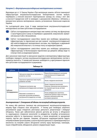 56
Напрям 3. «Внутрішньогосподарська меліоративна система»
Відповідно до ст. 12 Закону України «Про меліорацію земель» об’єкти інженерної
інфраструктури внутрішньогосподарських меліоративних систем можуть
перебувати у спільній власності територіальних громад сіл, селищ і міст або
у власності юридичних осіб та громадян з урахуванням обмежень і обтяжень у
використанні ділянок меліорованих земель, установлених Земельним кодексом
України.
На сьогоднішній день існує 3 види використання внутрішньогосподарської
меліоративної системи суб’єктами господарювання:
1 	 Суб’єкт господарювання використовує вже наявну систему, яка функціонує
з часів Радянського Союзу та перебуває в державній, комунальній, приват-
ній власності або є безхазяйною.
2 	 Суб’єкт господарювання самостійно провів всю необхідну зрошувальну
інфраструктуру та підключився до вже наявної внутрішньогосподарської
або міжгосподарської меліоративної системи, яка перебуває в державній
або комунальній власності, та сплачує плату за водокористування.
3 	 Суб’єкт господарювання самостійно провів усю необхідну зрошувальну
інфраструктуру та безпосередню підключився до джерела забору води та
сплачує плату за водокористування.
Для залучення інвестицій та зменшення видатків в меліоративну інфраструктуру
необхідно передати частину внутрішньогосподарських меліоративних систем у
приватну власність. У такому разі виникає необхідність у врегулюванні відносин
між суб’єктами господарювання та державою.
Таблиця 10
Суб'єкти Переваги Недоліки
Держава
Зменшення видатків на підтримку та
розвиток системи
Втрата безпосереднього контролю
над внутрішньогосподарською
системою
Залучення приватних інвестицій у
розвиток системи
Ризик створення монополій
Суб’єкти
господарювання
Отримання контролю над
внутрішньогосподарською системою
Ризик створення монополій.
Невеликі землевласники ризикують
не отримати доступ до системи
зрошення
Можливість впливати та
власними зусиллями розвивати
внутрішньогосподарську систему
Ризик рейдерських захоплень
земельних ділянок через контроль
великих землевласників над
системою зрошення
Альтернатива 1. Створення об’єднань та асоціації водокористувачів.
На кожну або декілька (залежно від розташування) внутрішньогосподарську
мережу буде створено своє об’єднання. У такому разі необхідно закріпити
регулювання щодо створення, реєстрації, діяльності, реорганізації і ліквідації
об’єднань. Також для забезпечення рівного доступу до вступу в об’єднання
та недопущення створення монополій та рейдерства потребує встановлення
механізм набуття та припинення членства, а також вичерпний та зрозумілий
перелік підстав для відмови. Зокрема, об’єднання водокористувачів будуть
неприбутковими організаціями, а кошти від їхньої діяльності спрямовуватимуться
виключно на потреби самого об’єднання (оплату праці бухгалтера, інженерів,
інших співробітників, обладнання, ремонт, модернізацію тощо).
 