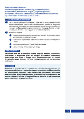 73
Інструмент регулювання:
Податкові, кредитні та інші пільги у разі впровадження
маловідхідних, безвідхідних, енерго- і ресурсозберігаючих
технологій, здійснення відповідно до законодавства інших заходів,
що зменшують негативний вплив на води
ХАРАКТЕРИСТИКА ІНСТРУМЕНТУ:
1 	 Застосовується у разі впровадження суб’єктами господарювання маловід-
хідних, безвідхідних, енерго- і ресурсозберігаючих технологій, здійснення
відповіднодозаконодавстваіншихзаходів,щозменшуютьнегативнийвплив
на води, та відшкодування у встановленому порядку збитків, заподія-
них водним об’єктам у разі порушення вимог законодавства.
2 	 Надається шляхом:
	 податкового вирахування (знижки), що зменшує базу оподаткування
до нарахування податку та збору;
	 зменшення податкового зобов’язання після нарахування податку та
збору;
	 встановлення зниженої ставки податку та збору;
	 звільнення від сплати податку та збору.
ОПИС ПРОБЛЕМИ:
Законодавством не встановлено чіткий порядок надання відповідних
податкових та кредитних пільг, що робить інструменти регулювання
недружніми для бізнесу. Більше того, Держводагентство не володіє
інформацією щодо кількості суб’єктів господарювання, які вже отримали
такі пільги.
ВИСНОВКИ:
Податкові та кредитні пільги є надзвичайно важливими інструментами для
залучення інвестицій та заохочення ведення екологічної та енергозберігаю-
чої господарської діяльності. Однак оцінити їхню ефективність на сьогодні
не є можливим через брак інформації щодо суб’єктів господарювання, які
змогли отримати такі пільги. Тому необхідно встановити чіткий порядок на-
дання податкових та кредитних пільг.
 